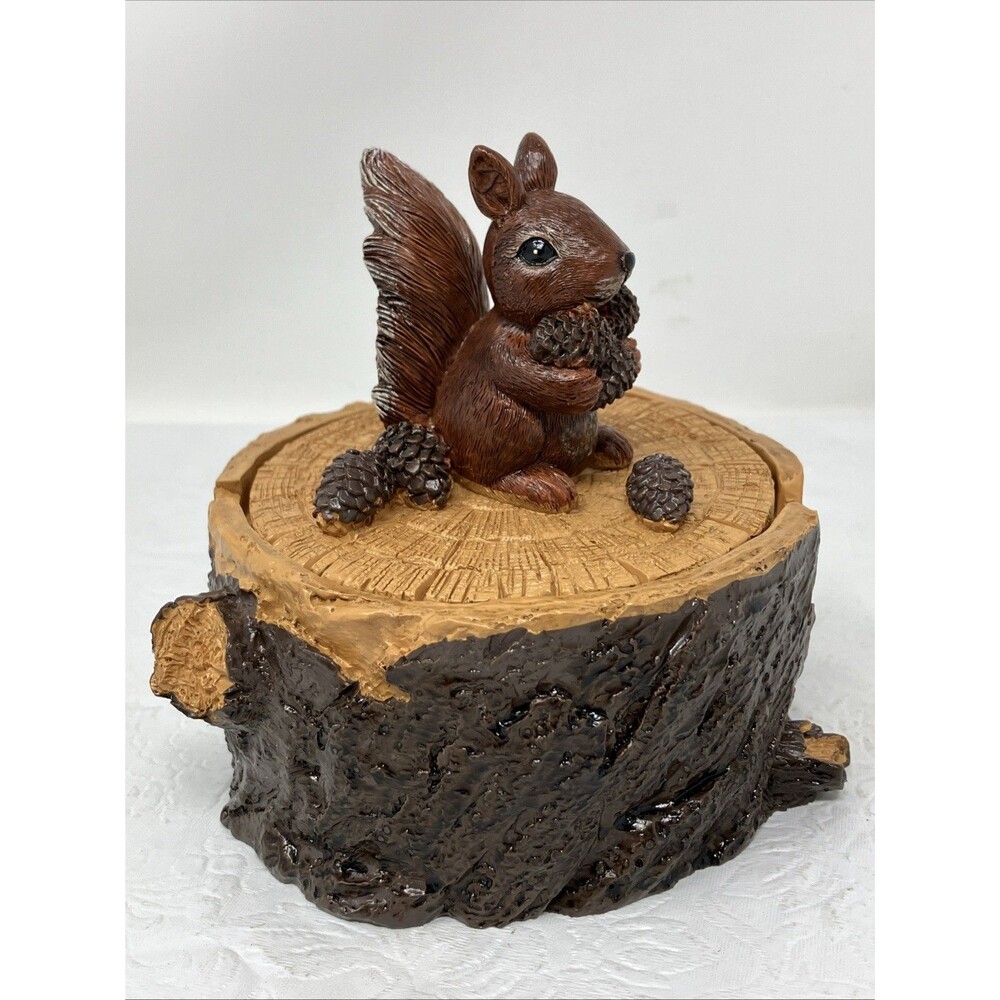 Squirrel Sitting On Stump Trinket Box Pinecones Resin Brown Fall Autumn